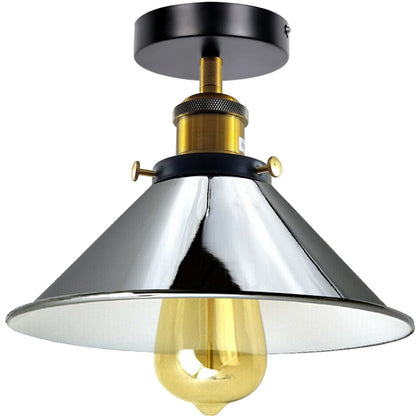 Semi Flush Ceiling Light – 22 cm Metal Cone Shade, Many Colours, E27 - Yellow Brass, Flat Cone 22 cm Chrome, Without Bulb
