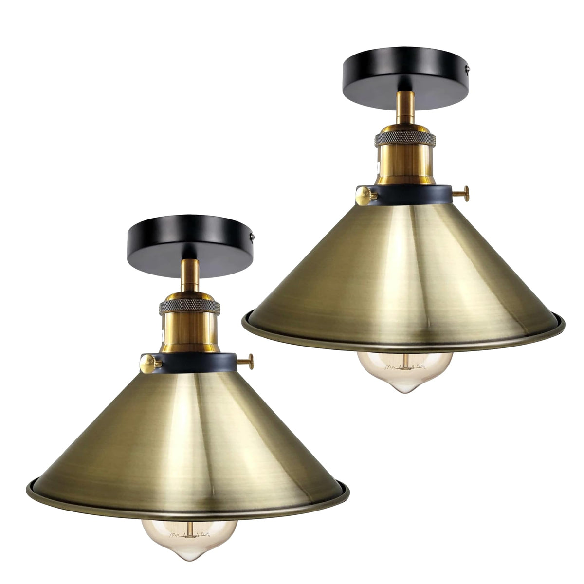 Semi Flush Ceiling Light – 22 cm Metal Cone Shade, Many Colours, E27 - Yellow Brass, Flat Cone 22 cm Green Brass Pack of 2, Without Bulb