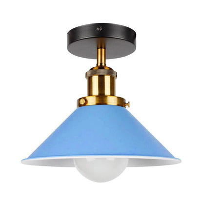 Semi Flush Ceiling Light – 22 cm Metal Cone Shade, Many Colours, E27 - Yellow Brass, Flat Cone 22 cm Blue, Without Bulb