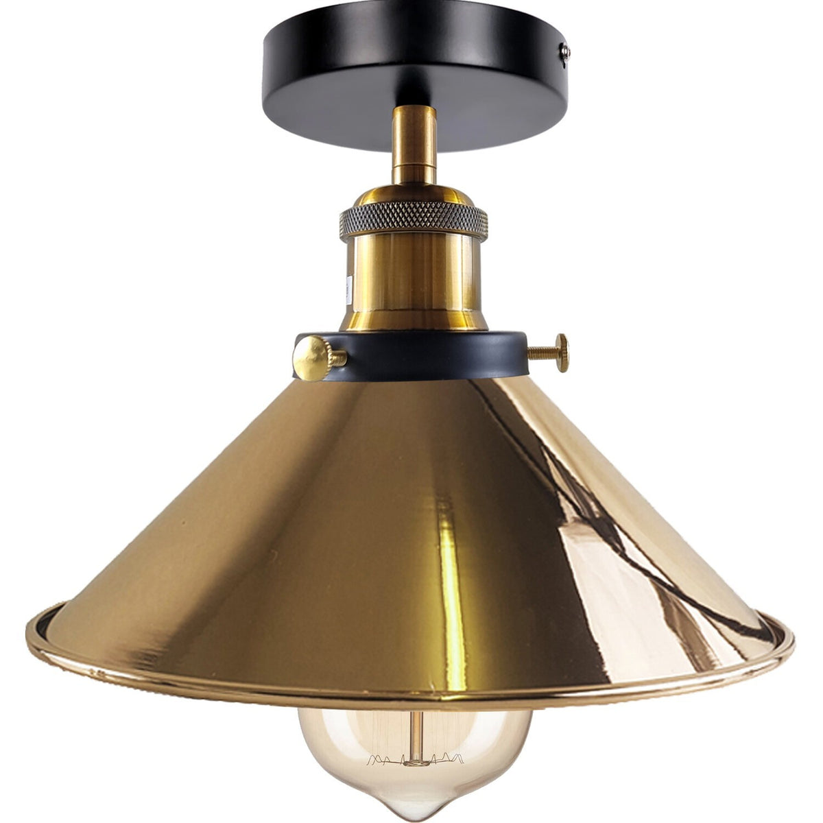 Semi Flush Ceiling Light – 22 cm Metal Cone Shade, Many Colours, E27 - Yellow Brass, Flat Cone 22 cm French Gold, Without Bulb