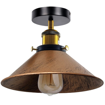 Semi Flush Ceiling Light – 22 cm Metal Cone Shade, Many Colours, E27 - Yellow Brass, Flat Cone 22 cm Brushed Copper, Without Bulb