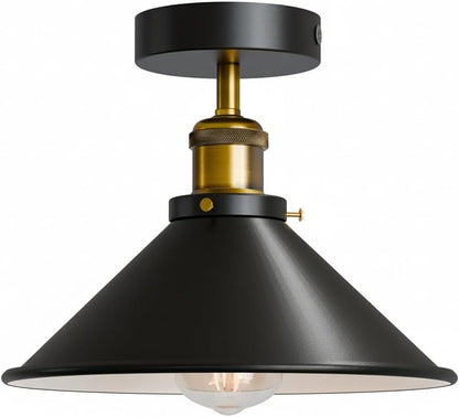 Semi Flush Ceiling Light – 22 cm Metal Cone Shade, Many Colours, E27 - Yellow Brass, Flat Cone 22 cm Black & White Inner, ST64 LED Bulb 4W