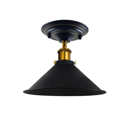 Semi Flush Ceiling Light – 22 cm Metal Cone Shade, Many Colours, E27 - Yellow Brass, Flat Cone 22 cm Black, 140 mm Rose, Without Bulb