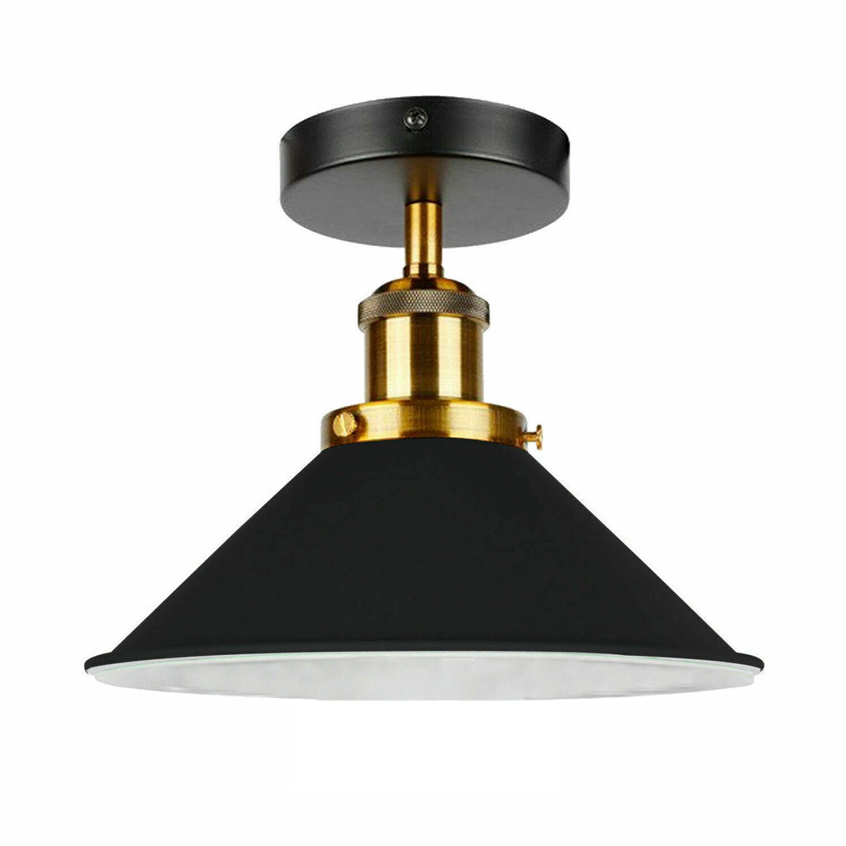 Semi Flush Ceiling Light – 22 cm Metal Cone Shade, Many Colours, E27 - Yellow Brass, Flat Cone 22 cm Black & White Inner, with Shade Ring, Without Bulb