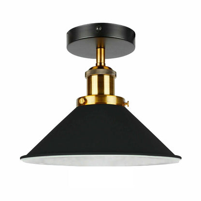 Semi Flush Ceiling Light – 22 cm Metal Cone Shade, Many Colours, E27 - Yellow Brass, Flat Cone 22 cm Black & White Inner, with Shade Ring, Without Bulb