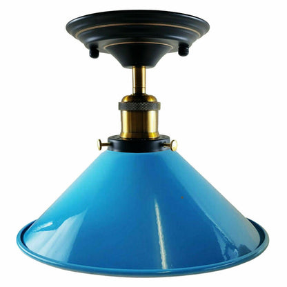 Semi Flush Ceiling Light – 22 cm Metal Cone Shade, Many Colours, E27 - Yellow Brass, Flat Cone 22 cm Blue, 140 mm Rose, Without Bulb
