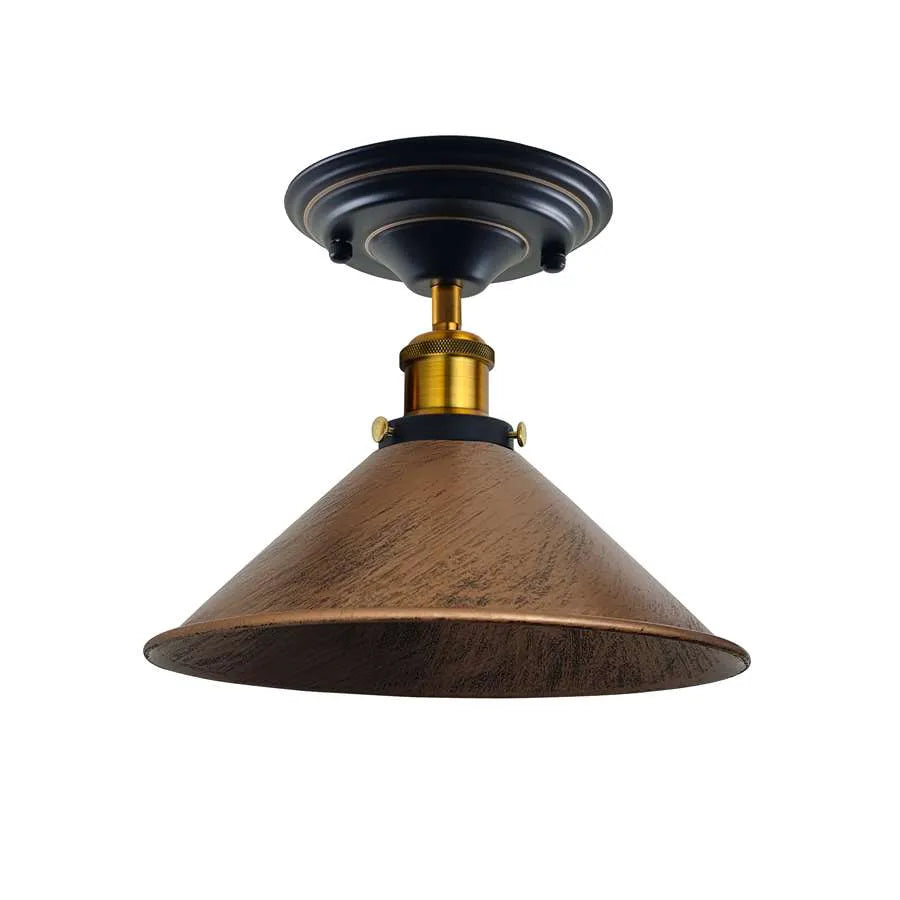Semi Flush Ceiling Light – 22 cm Metal Cone Shade, Many Colours, E27 - Yellow Brass, Flat Cone 22 cm Brushed Copper, 140 mm Rose, Without Bulb