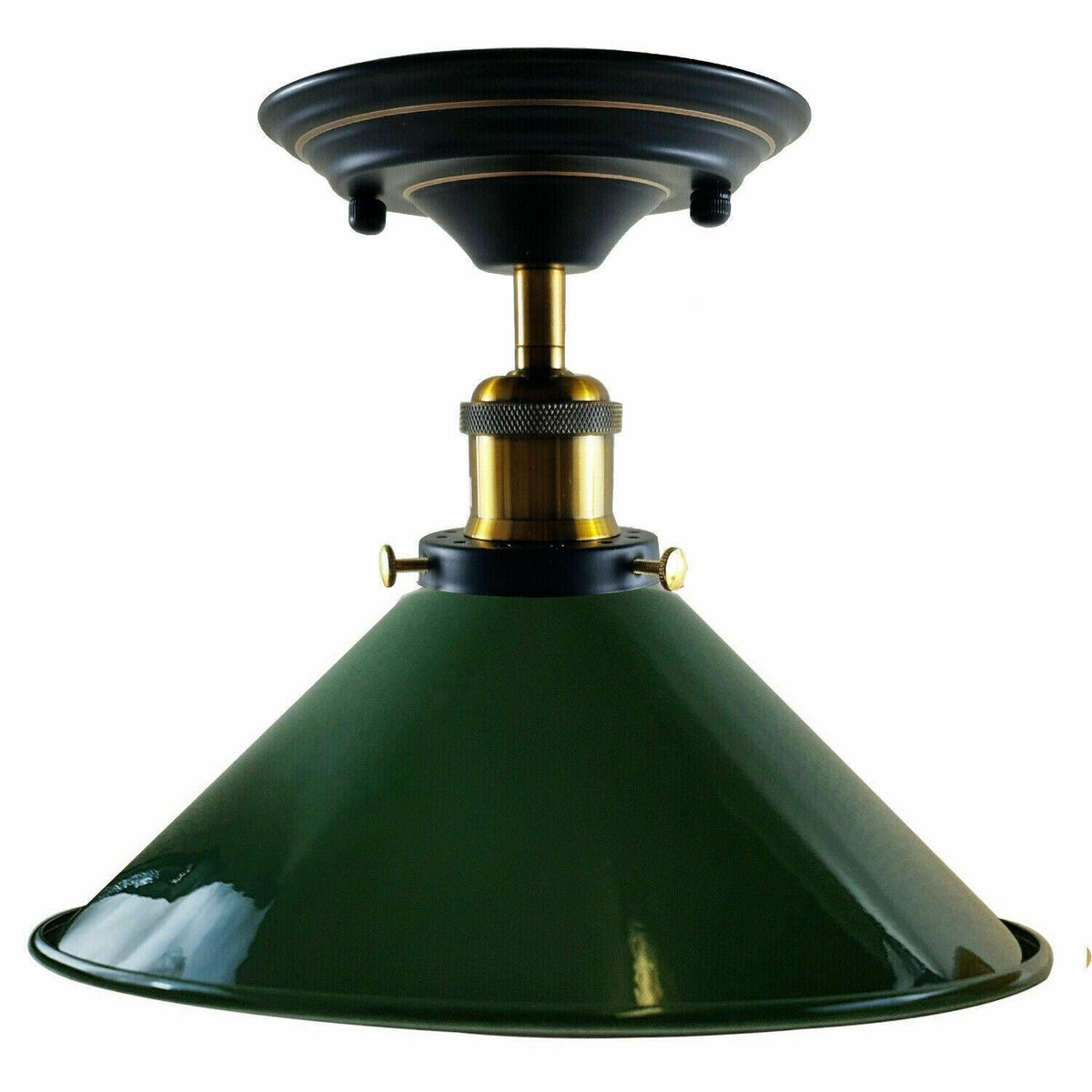 Semi Flush Ceiling Light – 22 cm Metal Cone Shade, Many Colours, E27 - Yellow Brass, Flat Cone 22 cm Green, 140 mm Rose, Without Bulb