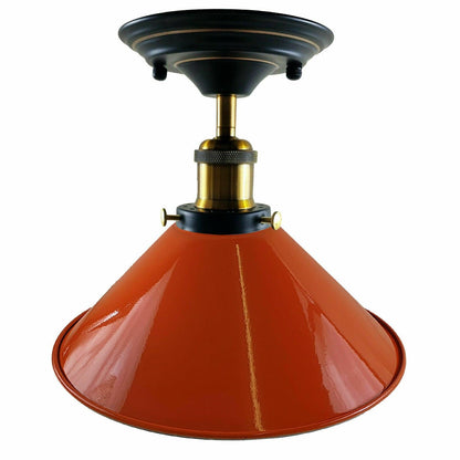 Semi Flush Ceiling Light – 22 cm Metal Cone Shade, Many Colours, E27 - Yellow Brass, Flat Cone 22 cm Orange, 140 mm Rose, Without Bulb