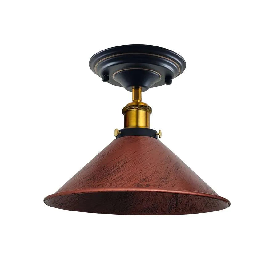 Semi Flush Ceiling Light – 22 cm Metal Cone Shade, Many Colours, E27 - Yellow Brass, Flat Cone 22 cm Rustic Red, 140 mm Rose, Without Bulb