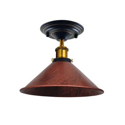 Semi Flush Ceiling Light – 22 cm Metal Cone Shade, Many Colours, E27 - Yellow Brass, Flat Cone 22 cm Rustic Red, 140 mm Rose, Without Bulb