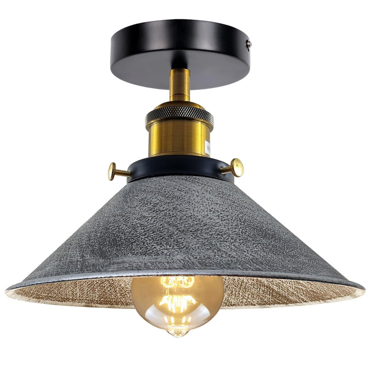 Semi Flush Ceiling Light – 22 cm Metal Cone Shade, Many Colours, E27 - Yellow Brass, Flat Cone 22 cm Brushed Silver, Without Bulb