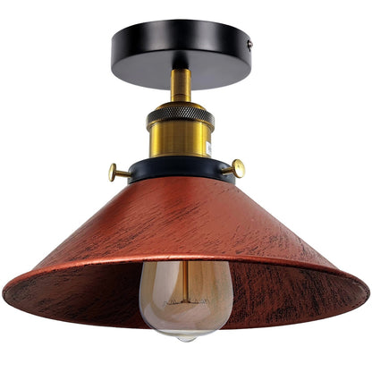Semi Flush Ceiling Light – 22 cm Metal Cone Shade, Many Colours, E27 - Yellow Brass, Flat Cone 22 cm Rustic Red, Without Bulb