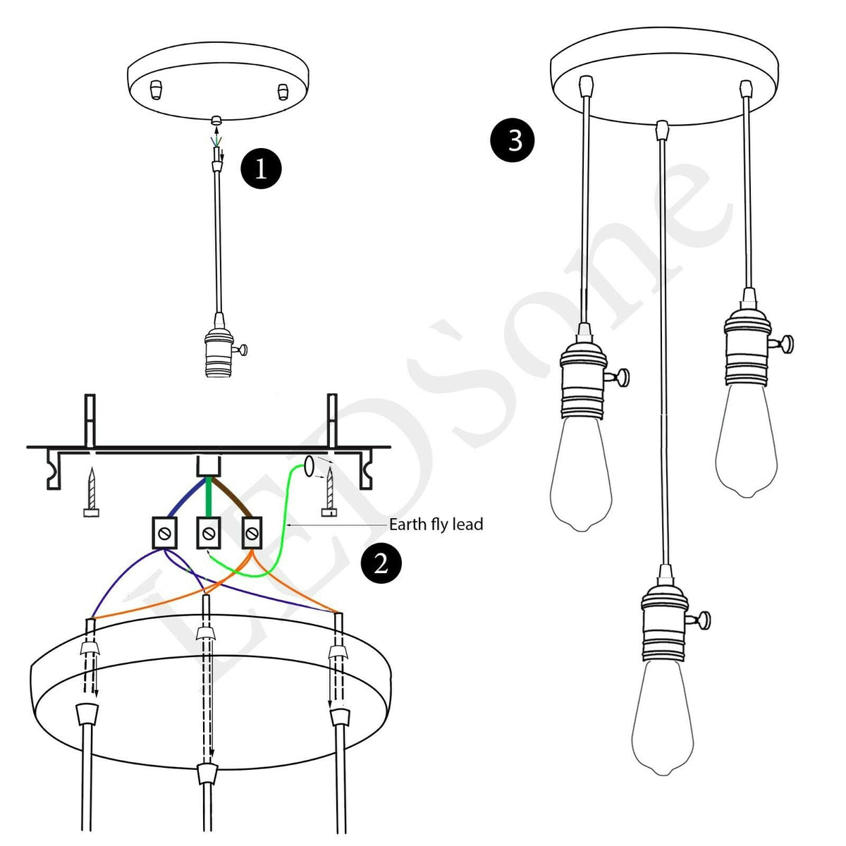 3-Light Cluster Pendant – Twist-Switch Holders, Black or Green Brass - photo 2