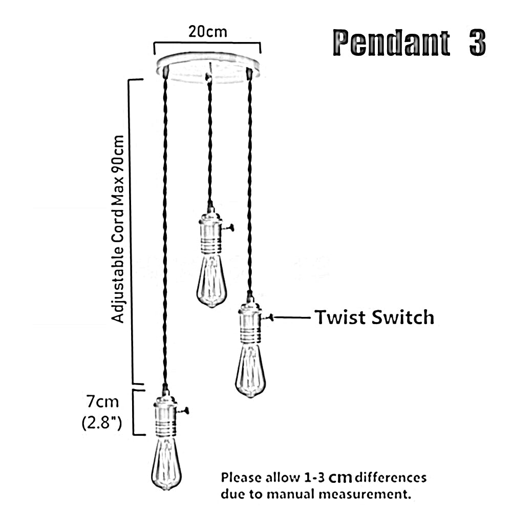 3 Light Cluster Pendant – Satin Nickel Switch Holders, Grey Cable, E27 - photo 3