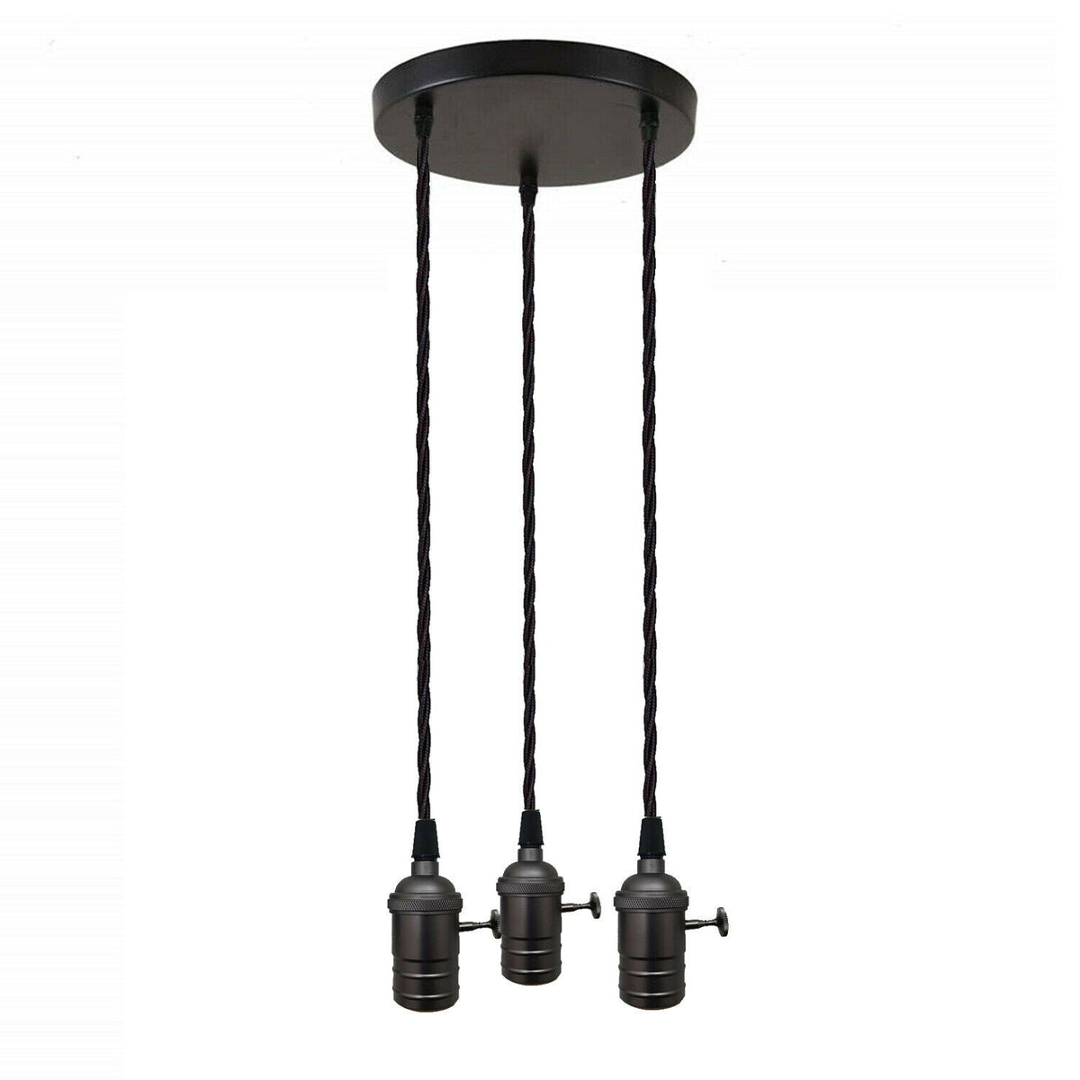 3-Light Cluster Pendant – Twist-Switch Holders, Black or Green Brass - Black, No Shade, Without Bulb