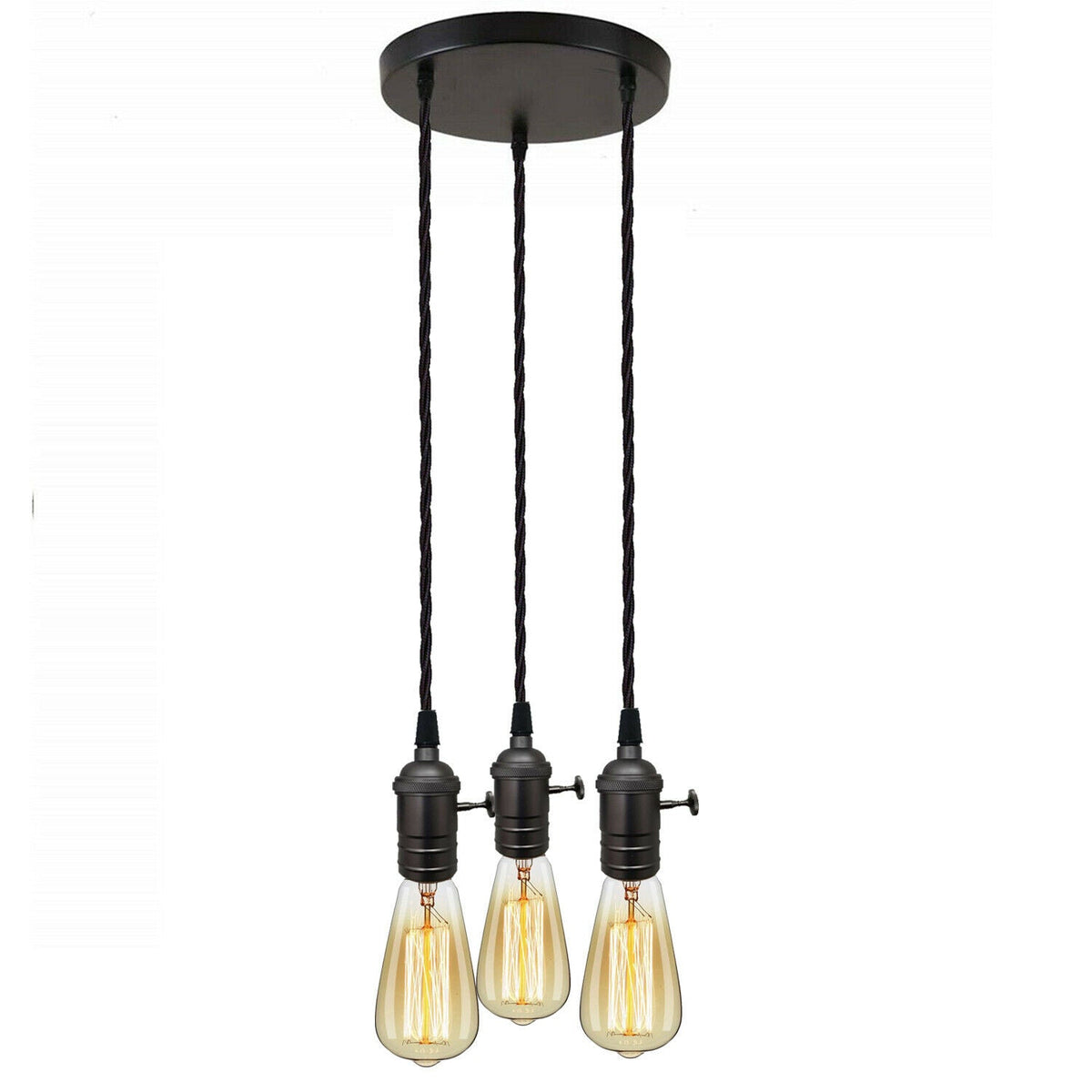 3-Light Cluster Pendant – Twist-Switch Holders, Black or Green Brass - Black, No Shade, ST64 Bulb