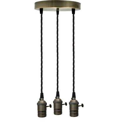 3-Light Cluster Pendant – Twist-Switch Holders, Black or Green Brass - Green Brass, No Shade, Without Bulb