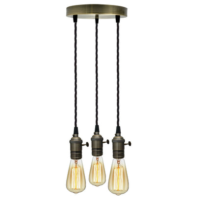 3-Light Cluster Pendant – Twist-Switch Holders, Black or Green Brass - Green Brass, No Shade, ST64 Bulb