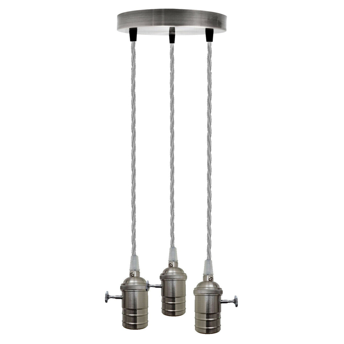 3 Light Cluster Pendant – Satin Nickel Switch Holders, Grey Cable, E27 - Satin Nickel, No Shade, Without Bulb