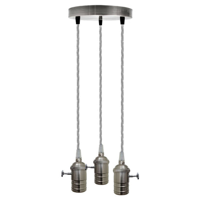 3 Light Cluster Pendant – Satin Nickel Switch Holders, Grey Cable, E27 - Satin Nickel, No Shade, Without Bulb