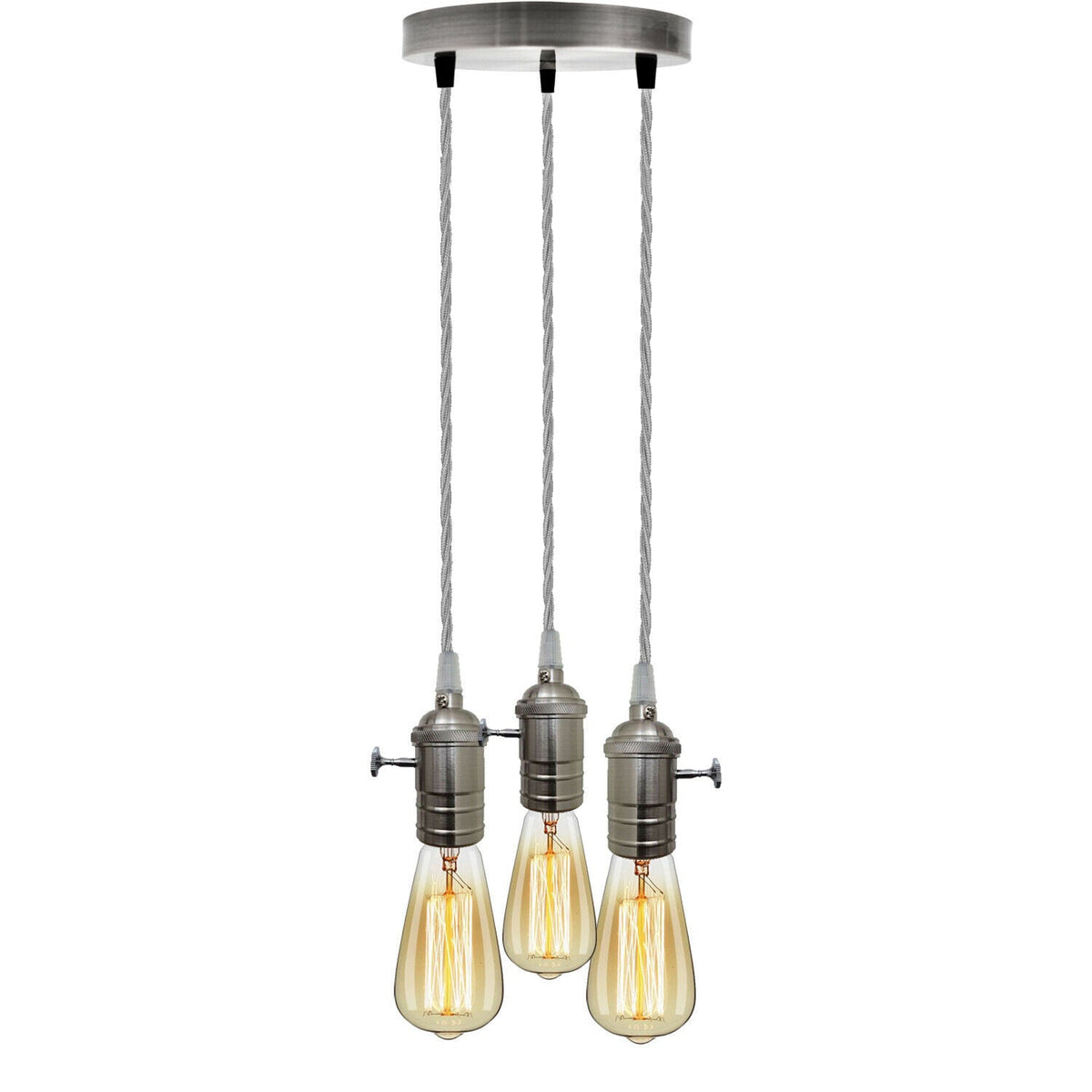 3 Light Cluster Pendant – Satin Nickel Switch Holders, Grey Cable, E27 - Satin Nickel, No Shade, ST64 Bulb
