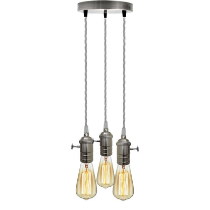 3 Light Cluster Pendant – Satin Nickel Switch Holders, Grey Cable, E27 - Satin Nickel, No Shade, ST64 Bulb