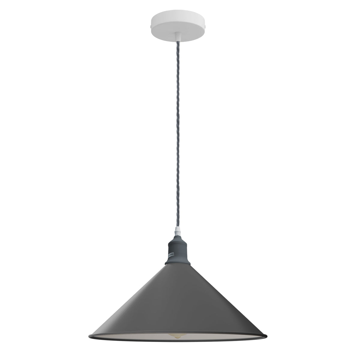 Pendant Light Fitting – Twisted Cable, Grey, Red or Yellow, Shades - Grey, Large Cone 36 cm Grey, Without Bulb
