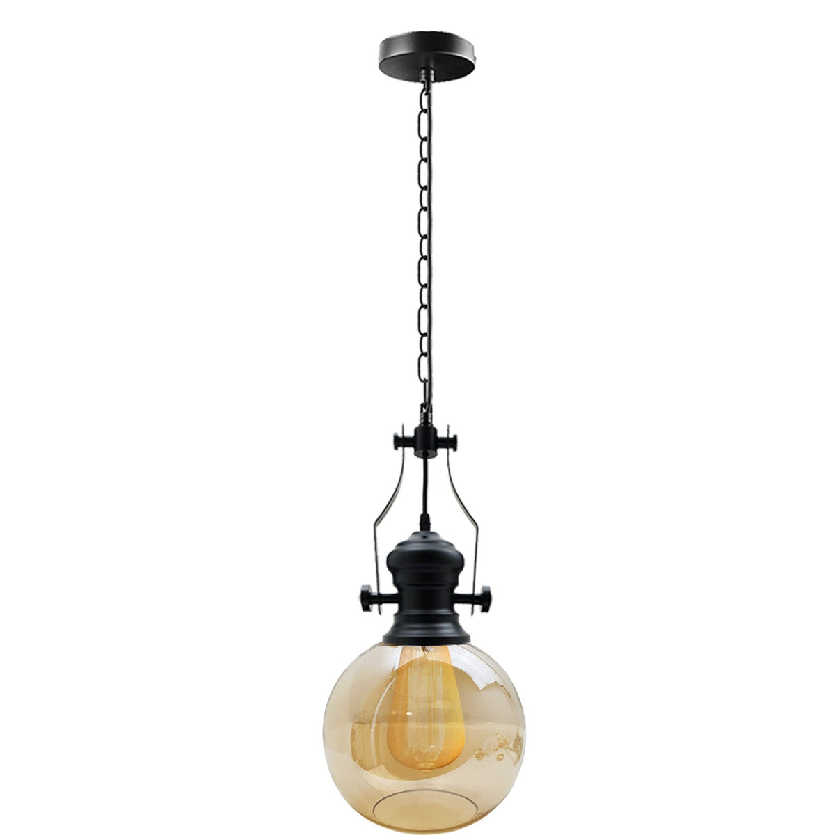 4 Light Cluster Pendant – Cascade Cones or Bar with Cages, E27 - Yellow Brass, Amber Glass Cages, Straight Bar, Without Bulb