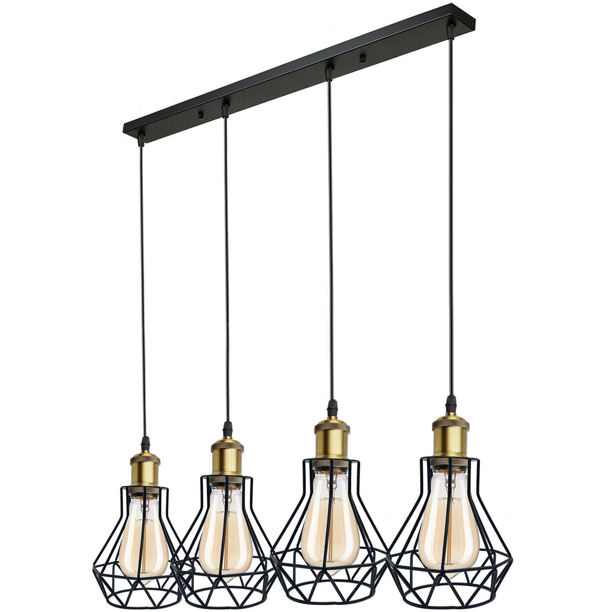 4 Light Cluster Pendant – Cascade Cones or Bar with Cages, E27 - Yellow Brass, Geometric Cages, Straight Bar, Without Bulb