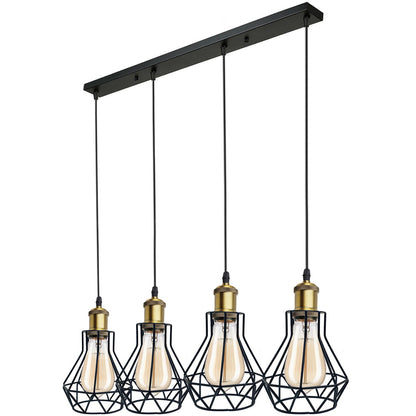 4 Light Cluster Pendant – Cascade Cones or Bar with Cages, E27 - Yellow Brass, Geometric Cages, Straight Bar, Without Bulb