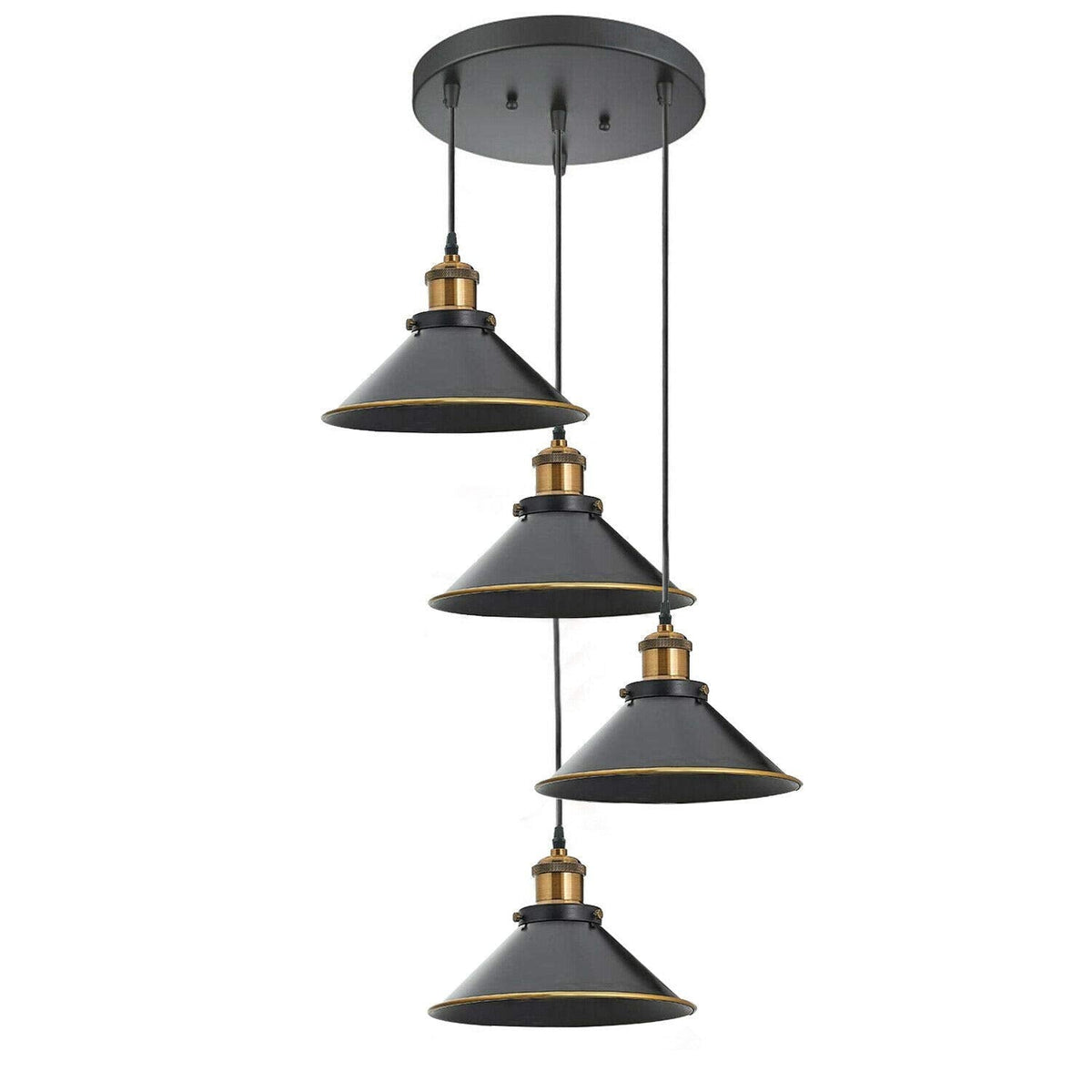 4 Light Cluster Pendant – Cascade Cones or Bar with Cages, E27 - Yellow Brass, Black & Gold Line Cones, Cascade, Without Bulb