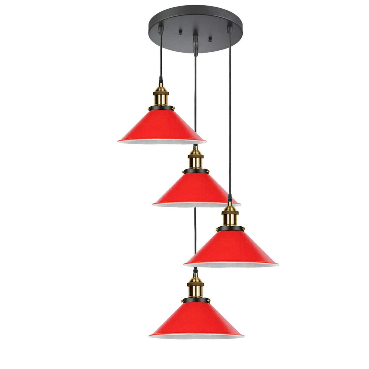 4 Light Cluster Pendant – Cascade Cones or Bar with Cages, E27 - Yellow Brass, Red Cones, Cascade, Without Bulb