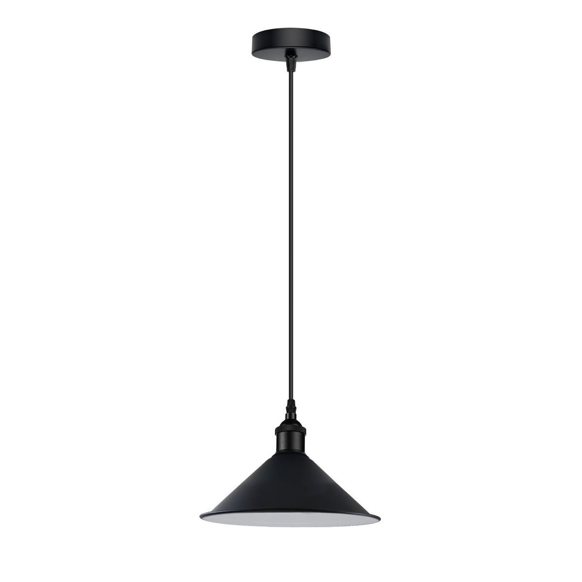 Industrial Pendant Light – Barn Slotted or Flat Cone Shade, E27 - Black, Flat Cone 22 cm Black & White Inner, Without Bulb