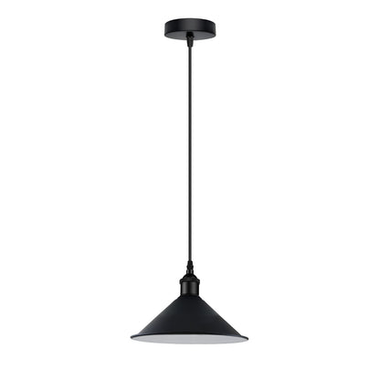 Industrial Pendant Light – Barn Slotted or Flat Cone Shade, E27 - Black, Flat Cone 22 cm Black & White Inner, Without Bulb