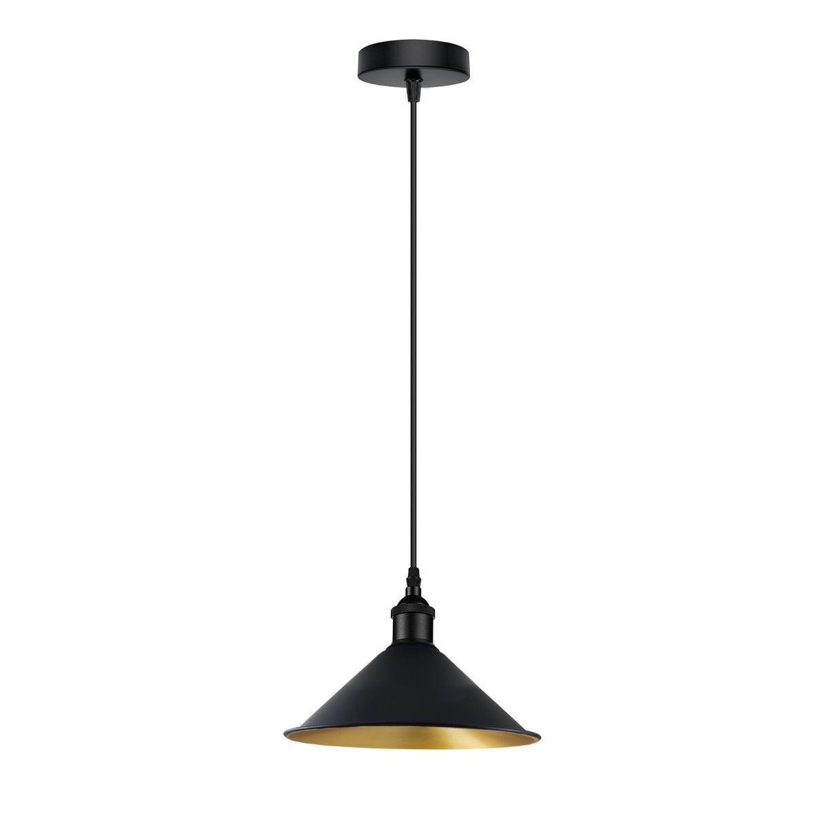 Industrial Pendant Light – Barn Slotted or Flat Cone Shade, E27 - Black, Flat Cone 22 cm Black & Gold, Without Bulb