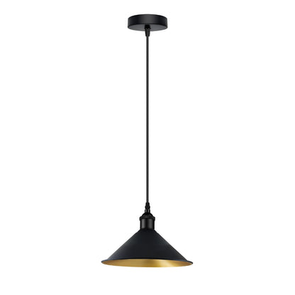 Industrial Pendant Light – Barn Slotted or Flat Cone Shade, E27 - Black, Flat Cone 22 cm Black & Gold, Without Bulb