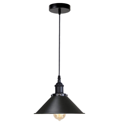 Industrial Pendant Light – Barn Slotted or Flat Cone Shade, E27 - Black, Flat Cone 22 cm Black Shade Ring, Without Bulb