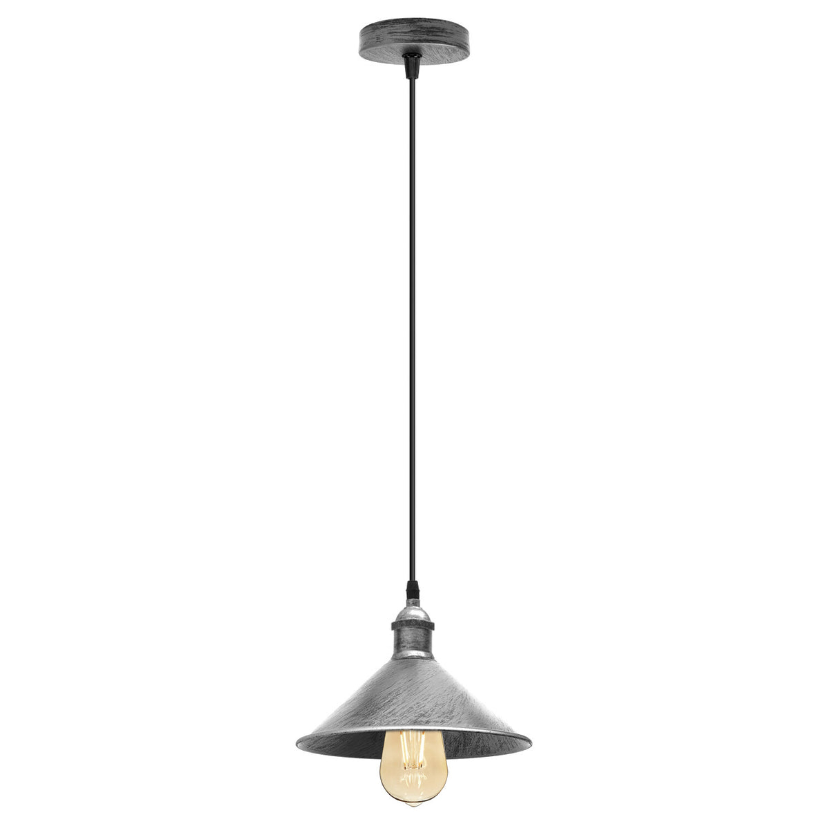 Industrial Pendant Light – Barn Slotted or Flat Cone Shade, E27 - Brushed Silver, Flat Cone 22 cm Brushed Silver, Without Bulb
