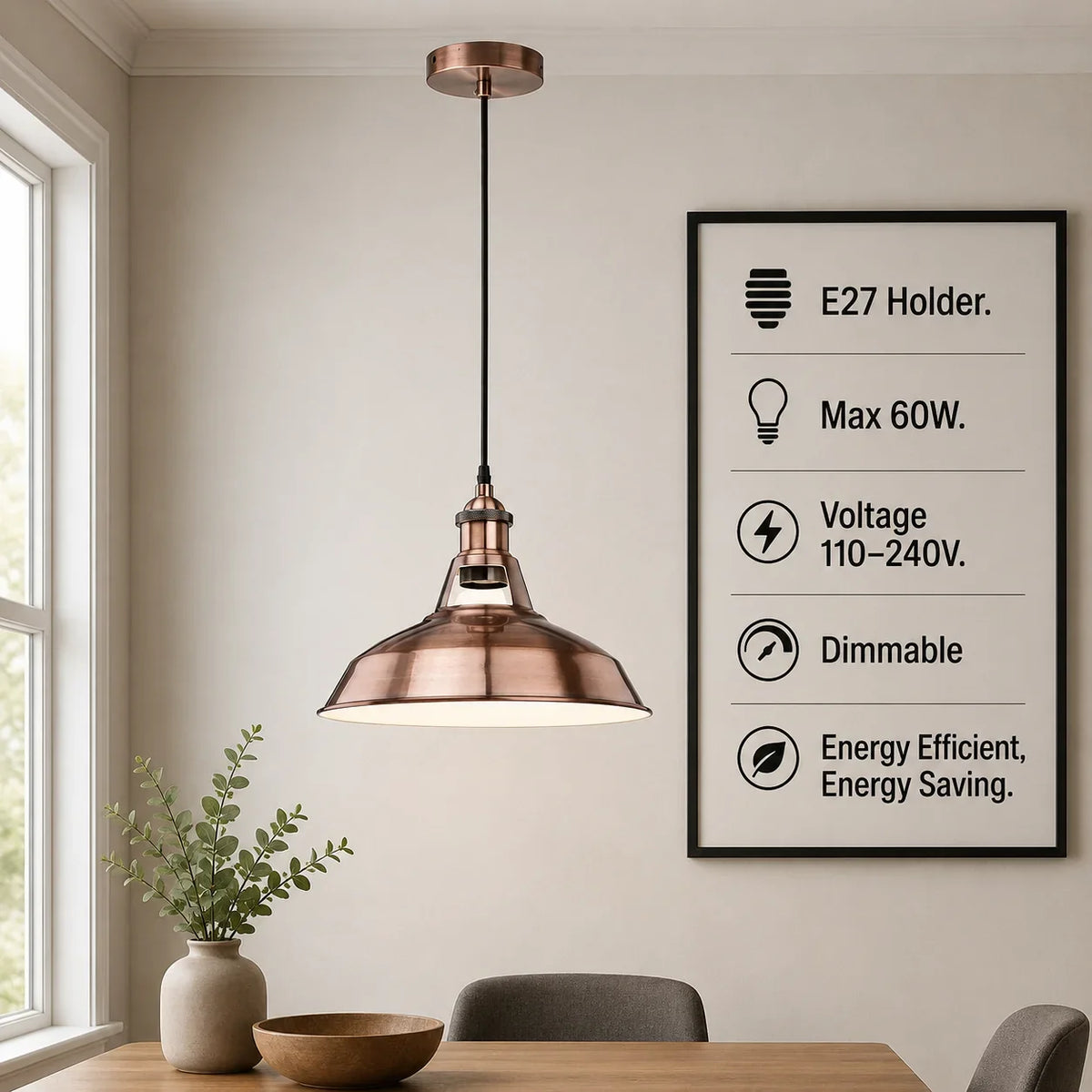 Industrial Pendant Light – Barn Slotted or Flat Cone Shade, E27 - Copper, Barn Slotted 30 cm Copper, WW LED Bulb 15W