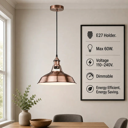 Industrial Pendant Light – Barn Slotted or Flat Cone Shade, E27 - Copper, Barn Slotted 30 cm Copper, WW LED Bulb 15W