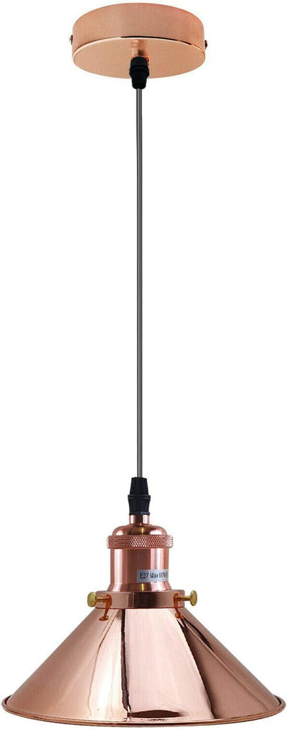 Industrial Pendant Light – Barn Slotted or Flat Cone Shade, E27 - Rose Gold, Flat Cone 22 cm Rose Gold, Without Bulb