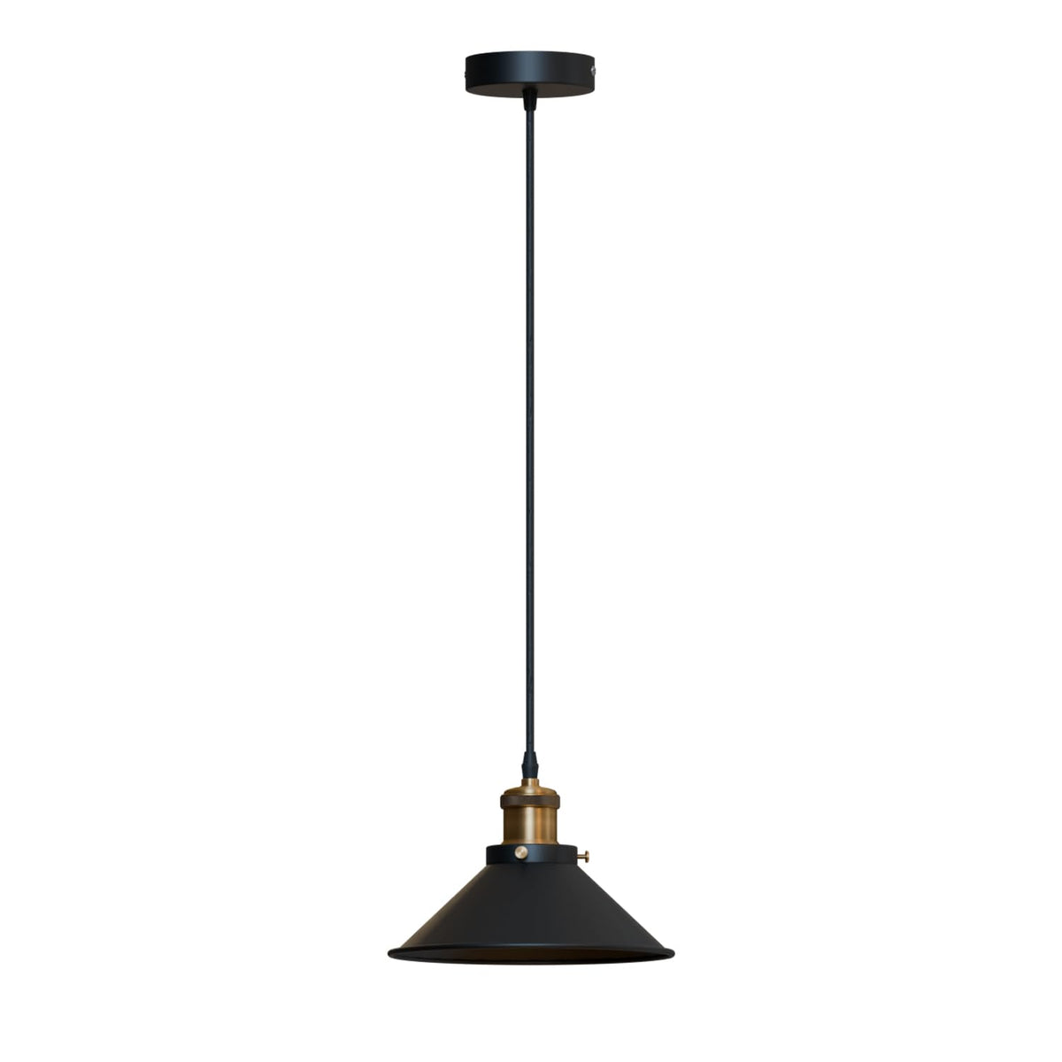 Industrial Pendant Light – Barn Slotted or Flat Cone Shade, E27 - Yellow Brass, Flat Cone 22 cm Black Shade Ring, Without Bulb