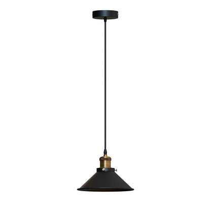 Industrial Pendant Light – Barn Slotted or Flat Cone Shade, E27 - Yellow Brass, Flat Cone 22 cm Black Shade Ring, Without Bulb