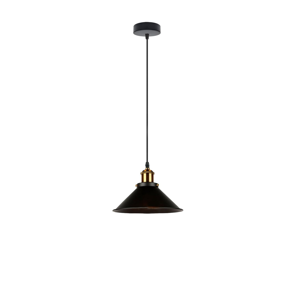 Industrial Pendant Light – Barn Slotted or Flat Cone Shade, E27 - Yellow Brass, Flat Cone 22 cm Black, Without Bulb