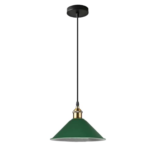 Industrial Pendant Light – Barn Slotted or Flat Cone Shade, E27 - Yellow Brass, Flat Cone 22 cm Green, Without Bulb