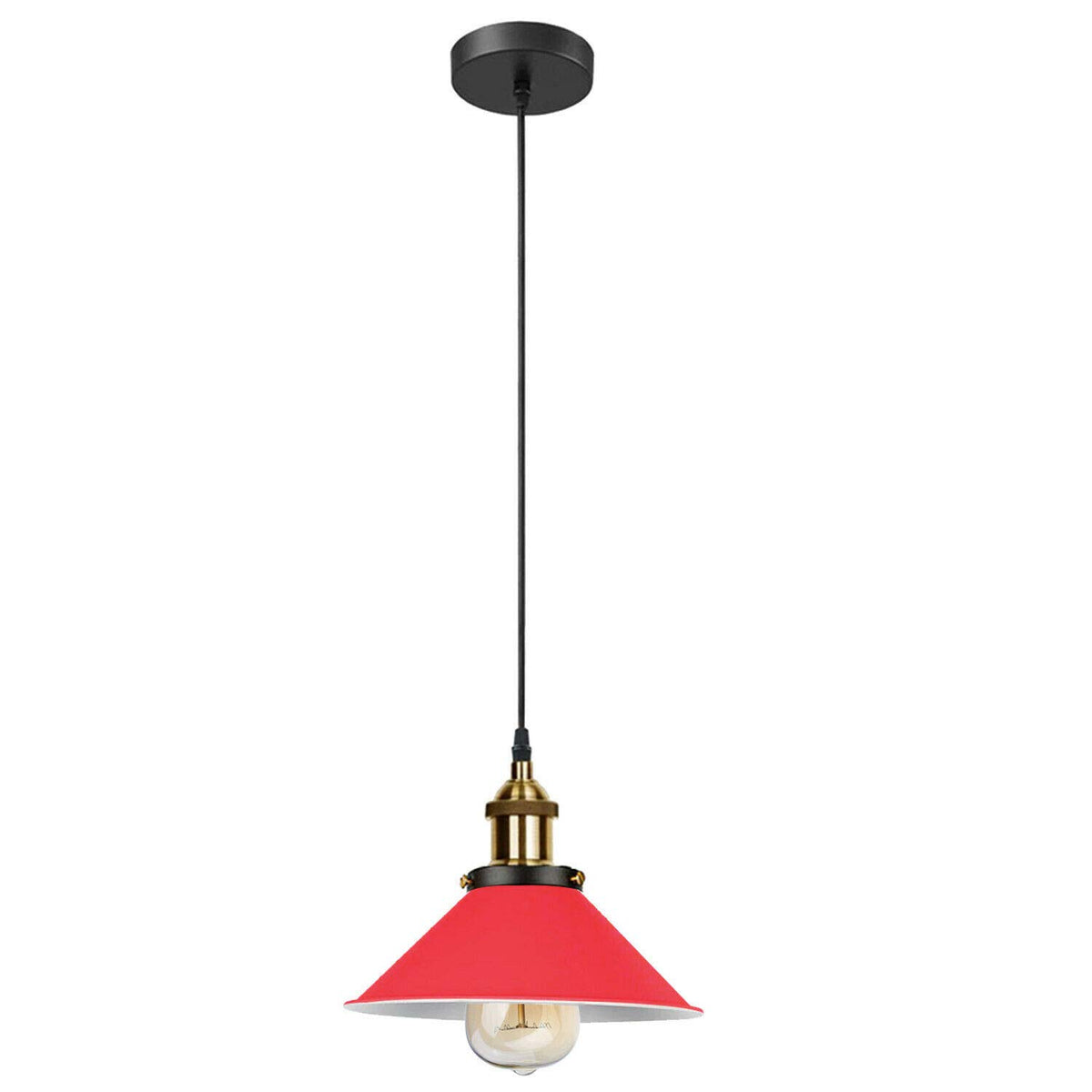 Industrial Pendant Light – Barn Slotted or Flat Cone Shade, E27 - Yellow Brass, Flat Cone 22 cm Red, Without Bulb