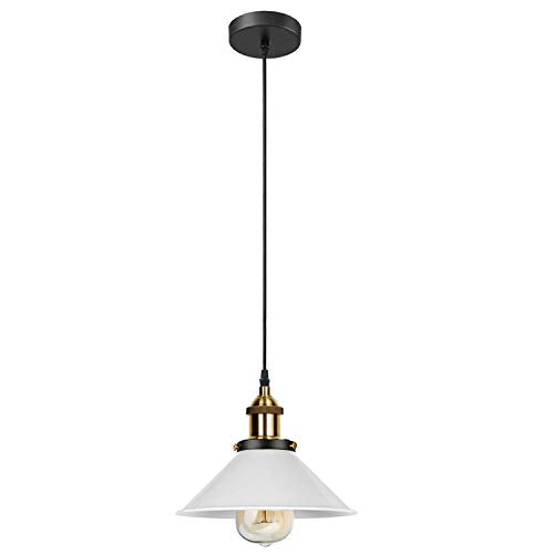 Industrial Pendant Light – Barn Slotted or Flat Cone Shade, E27 - Yellow Brass, Flat Cone 22 cm White, Without Bulb