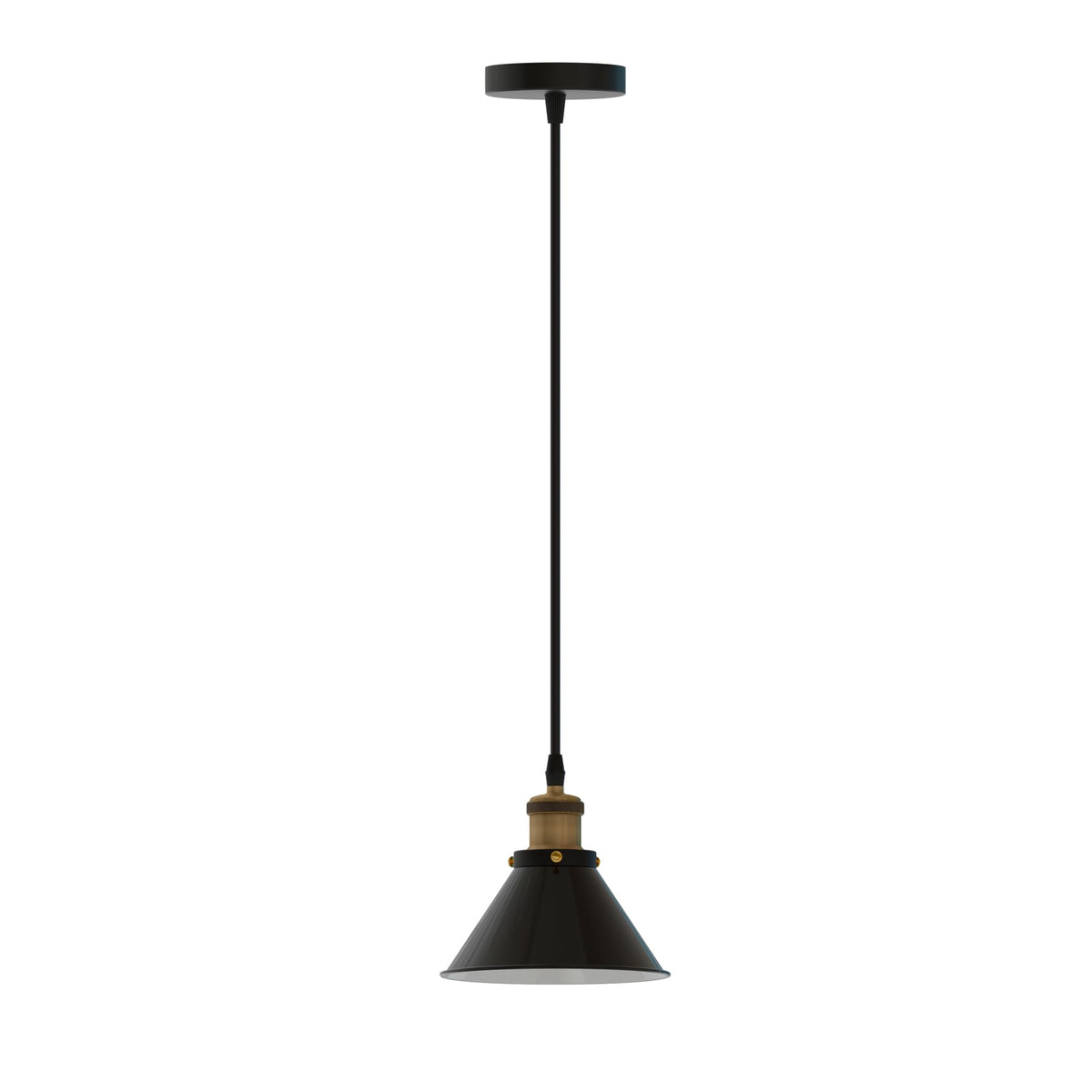 Industrial Pendant Light – Barn Slotted or Flat Cone Shade, E27 - Yellow Brass, Flat Cone 22 cm Shiny Black, Without Bulb