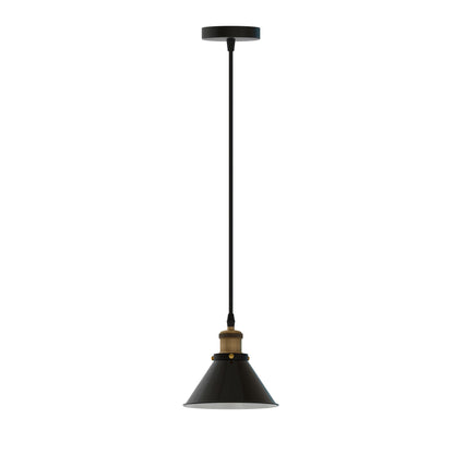 Industrial Pendant Light – Barn Slotted or Flat Cone Shade, E27 - Yellow Brass, Flat Cone 22 cm Shiny Black, Without Bulb